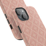 Meadow Lace – Blush Pink Lace Pattern MagSafe Phone Case, glossy diagonal dual-camera model, camera and side-button close-up
