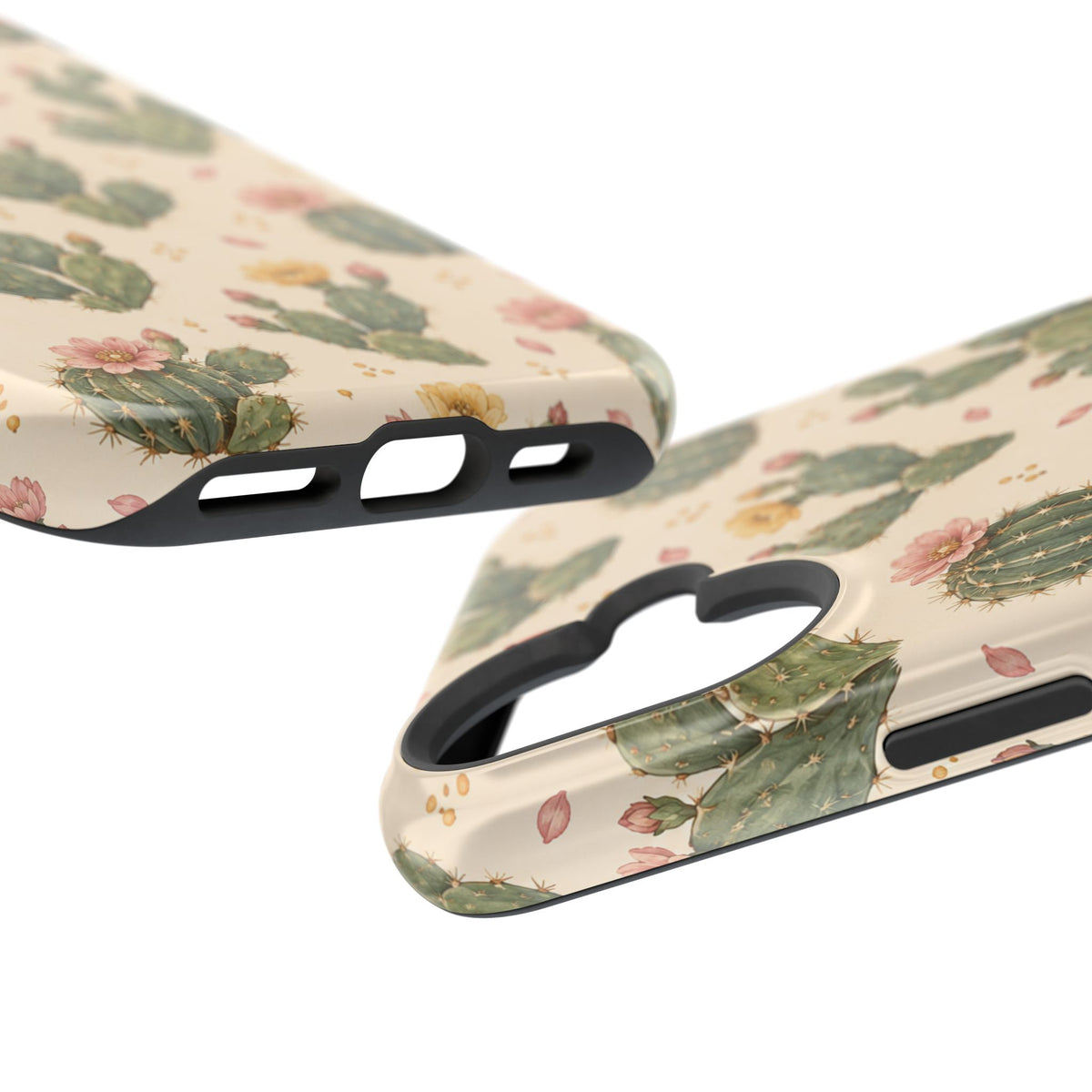 Cactus Bloom – Sage Green Floral Cactus MagSafe Phone Case, glossy vertical dual-camera model, port openings and edge details