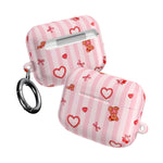 Pink Teddy Hearts AirPod Case, Cute Striped Protective Cover