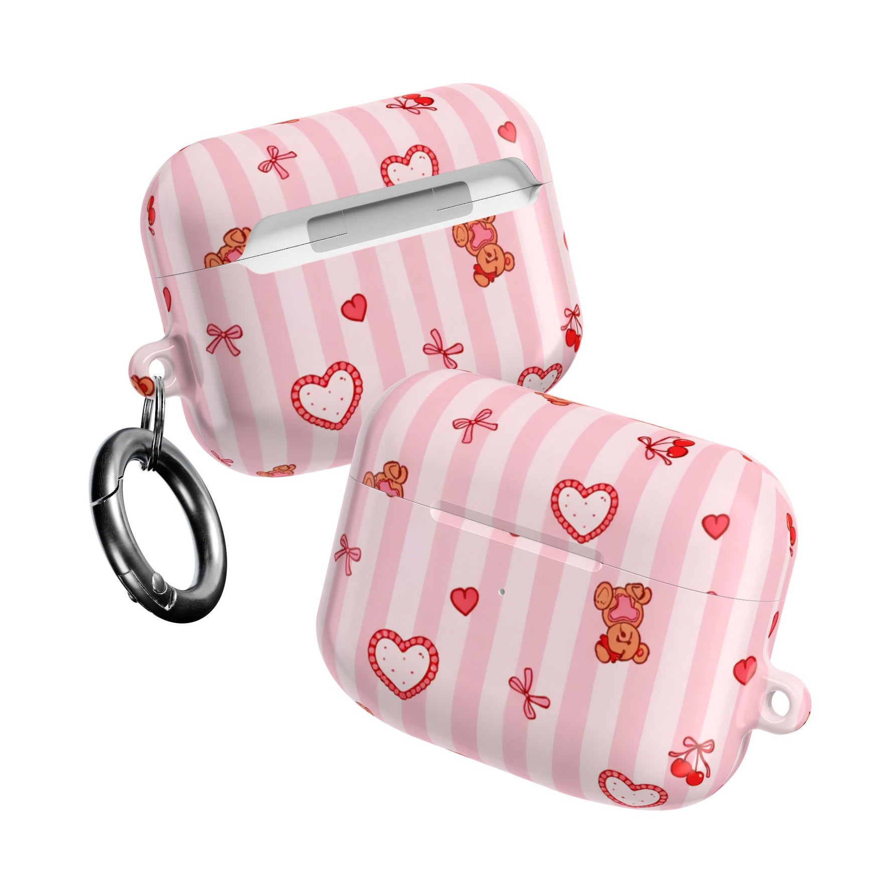 Pink Teddy Hearts AirPod Case, Cute Striped Protective Cover