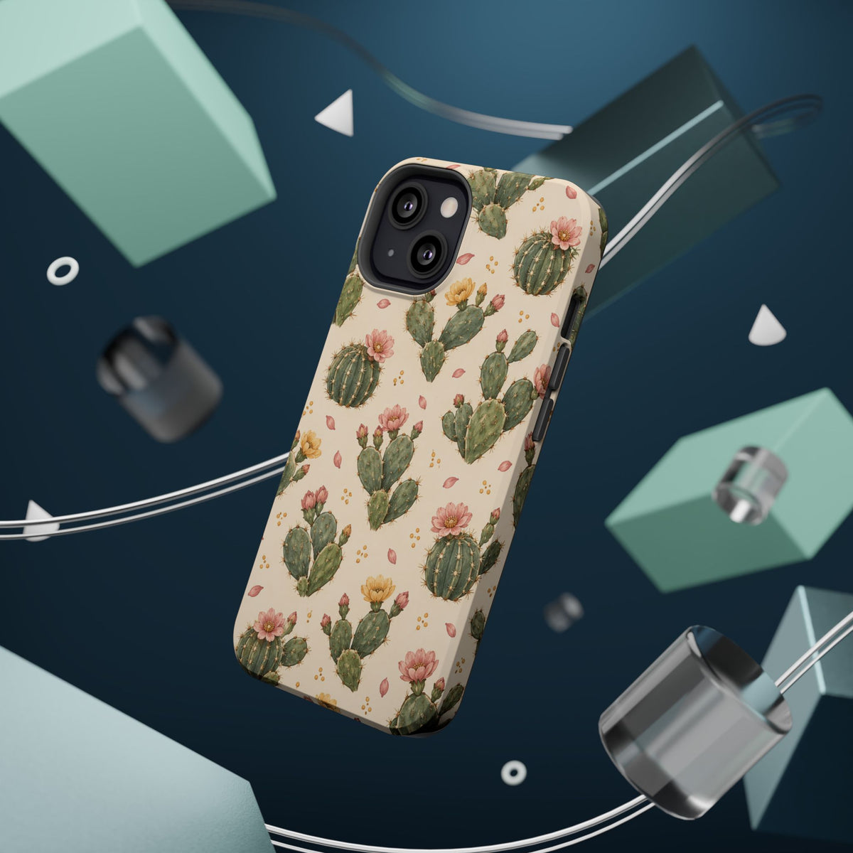 Cactus Bloom – Sage Green Floral Cactus MagSafe Phone Case, glossy diagonal dual-camera model, rear view with magnetic accessories