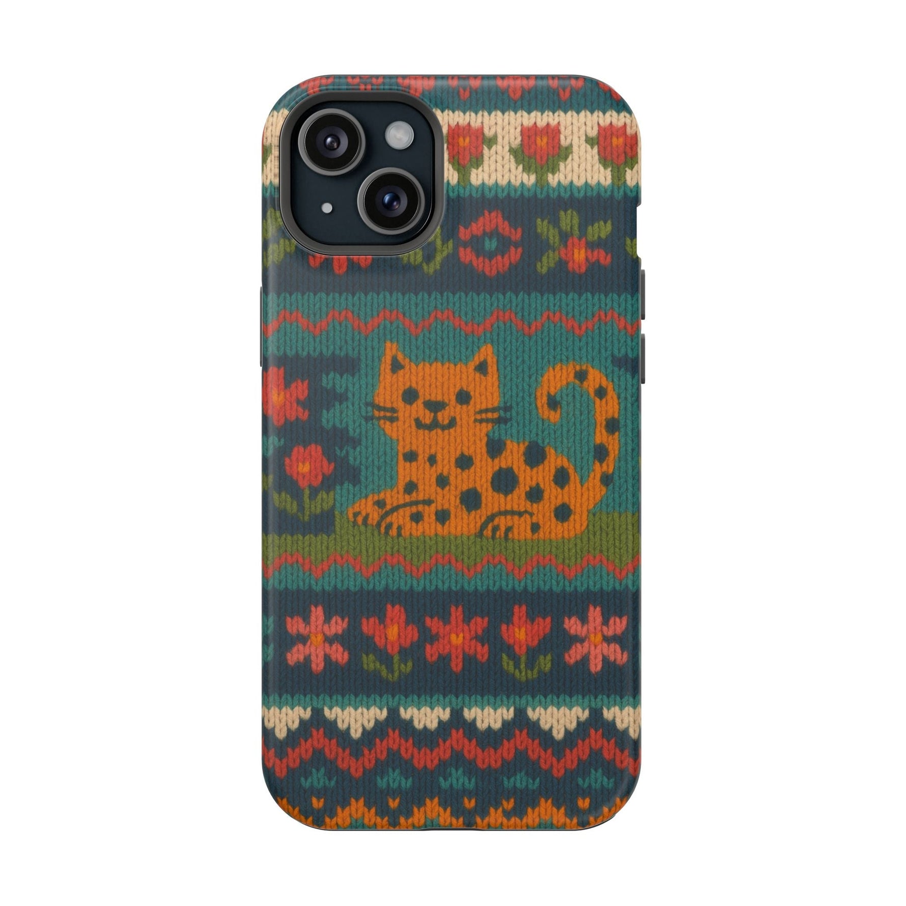 Cozy Knit Leopard Pattern Sweater Holiday Theme iPhone Case with MagSafe compatibility  Shamo's iPhone 15 Plus / Matte