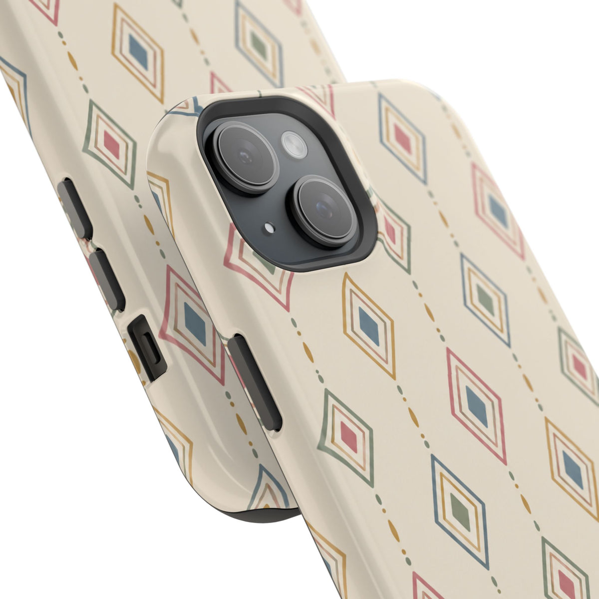 Desert Diamonds – Pastel Geometric Pattern MagSafe Phone Case, glossy diagonal dual-camera model, camera and side-button close-up