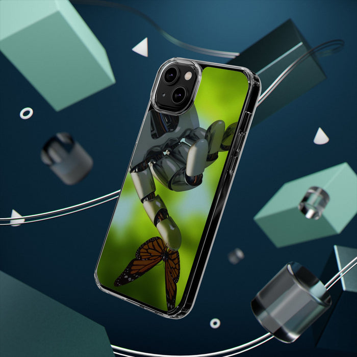 Clear Cases for iPhone 14 Series with Robotic hand and Butterfly.