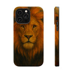 iPhone case with close-up realistic lion face artwork, shown in front and side variant size views