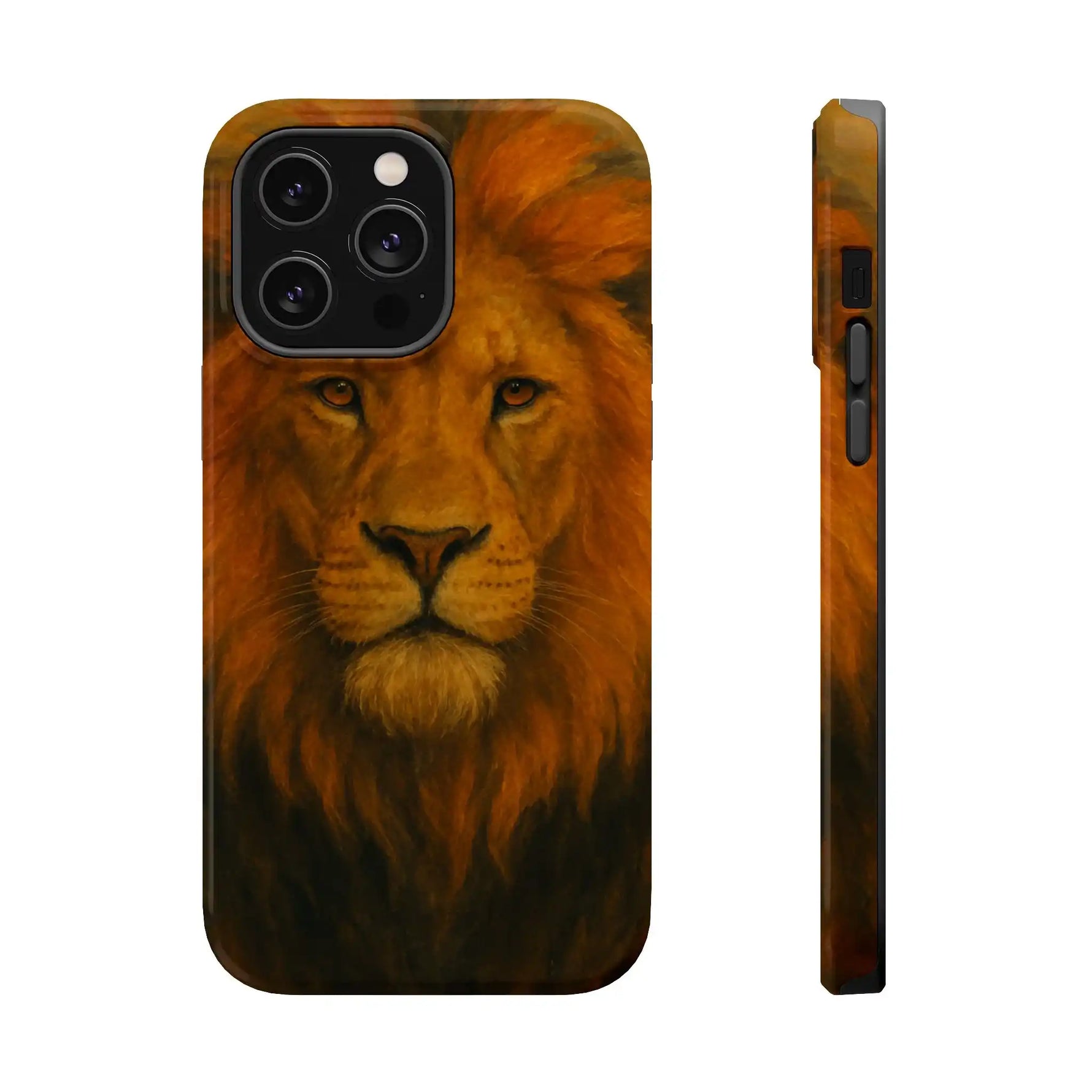 iPhone case with close-up realistic lion face artwork, shown in front and side variant size views