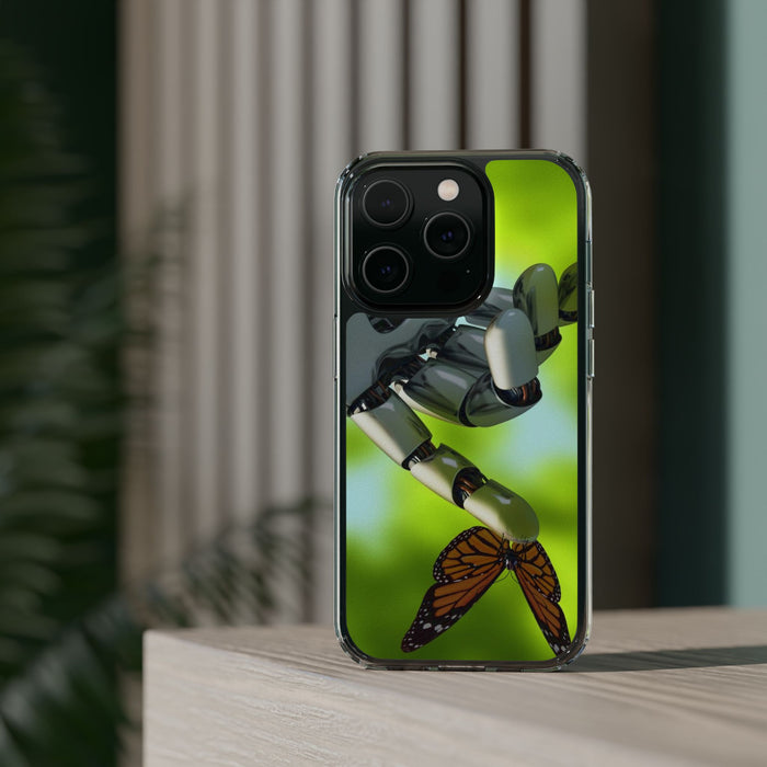 Clear Cases for iPhone 14 Series with Robotic hand and Butterfly.