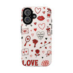 Romantic Love Doodle Tough iPhone Case ("LOVE", hearts, roses) (MagSafe compatible)  Shamo's iPhone 16 / Glossy