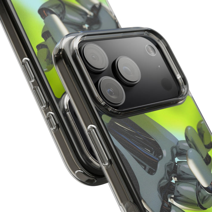 Clear Cases for iPhone 14 Series with Robotic hand and Butterfly.