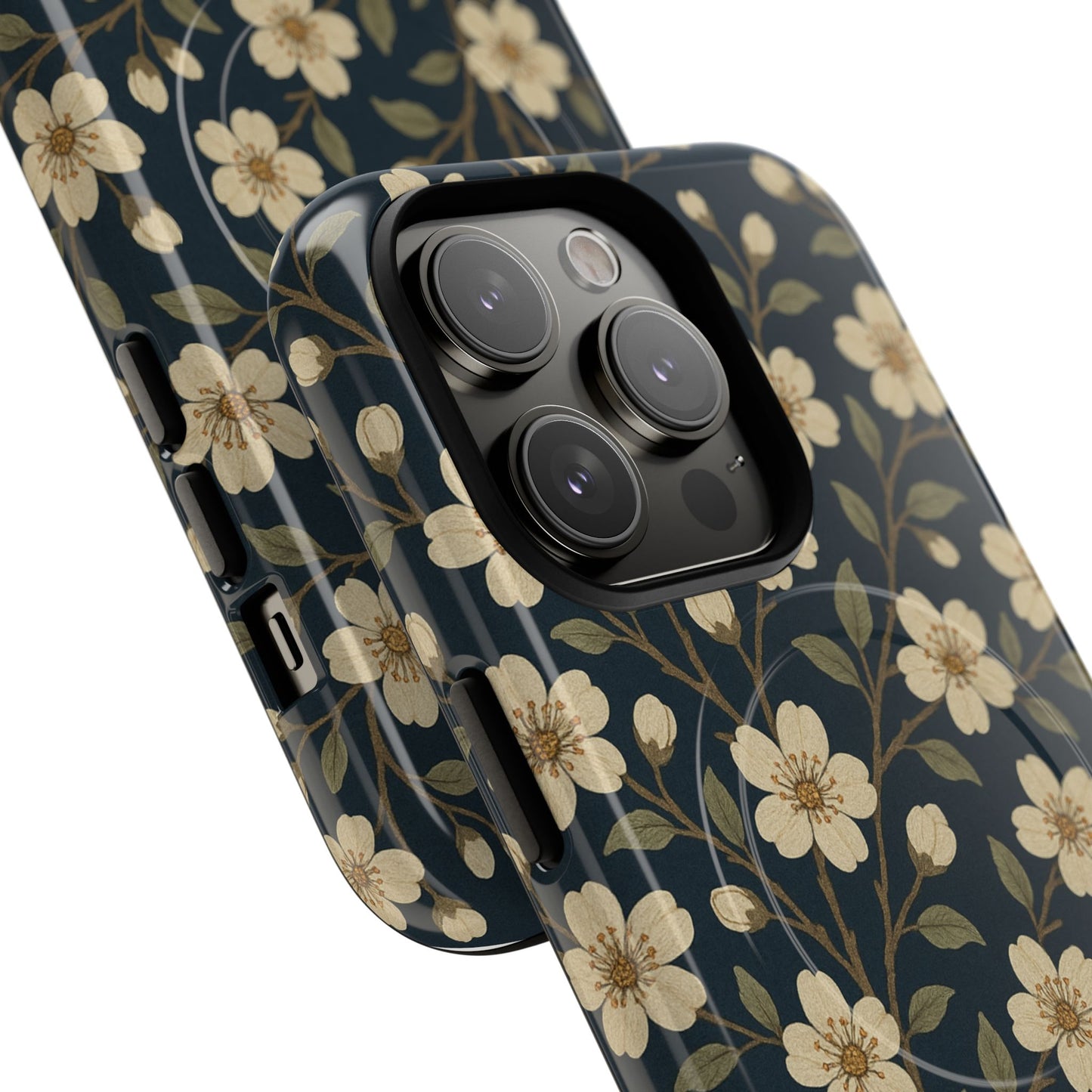 Navy Cherry Blossom Floral iPhone Case - Compatible with MagSafe
