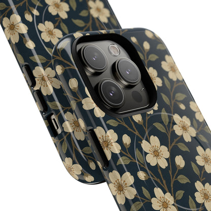 Navy Cherry Blossom Floral iPhone Case - Compatible with MagSafe