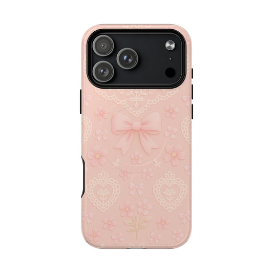 Balletcore Pink Floral Lace iPhone Case with Bow | Works with MagSafe