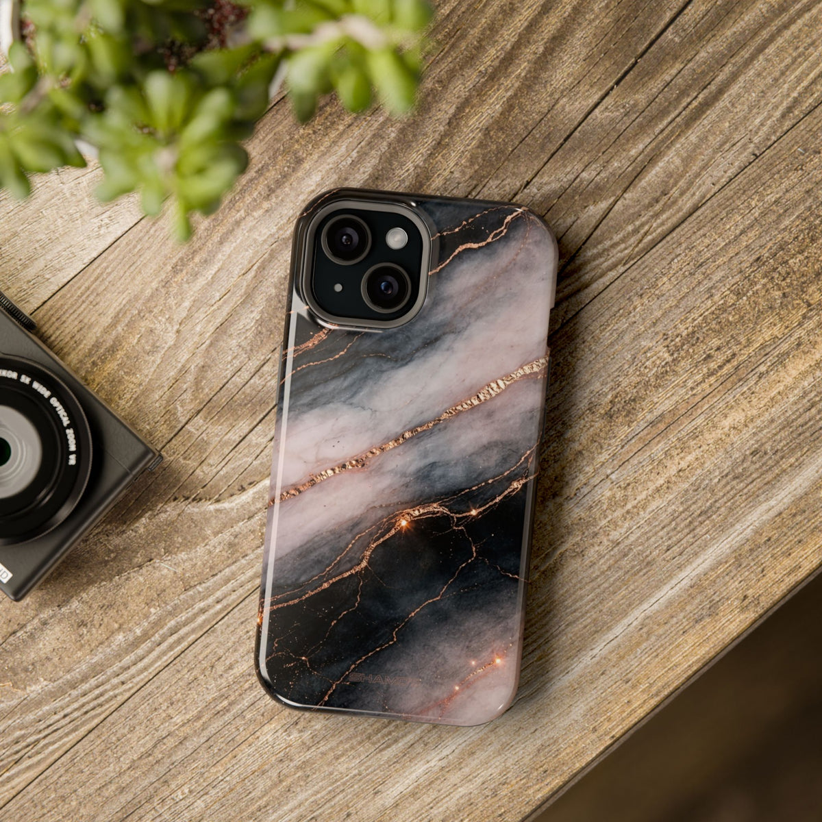 Marbled Black & Rose Gold Magnetic MagSafe Compatible Phone Case — Impact-Resistant