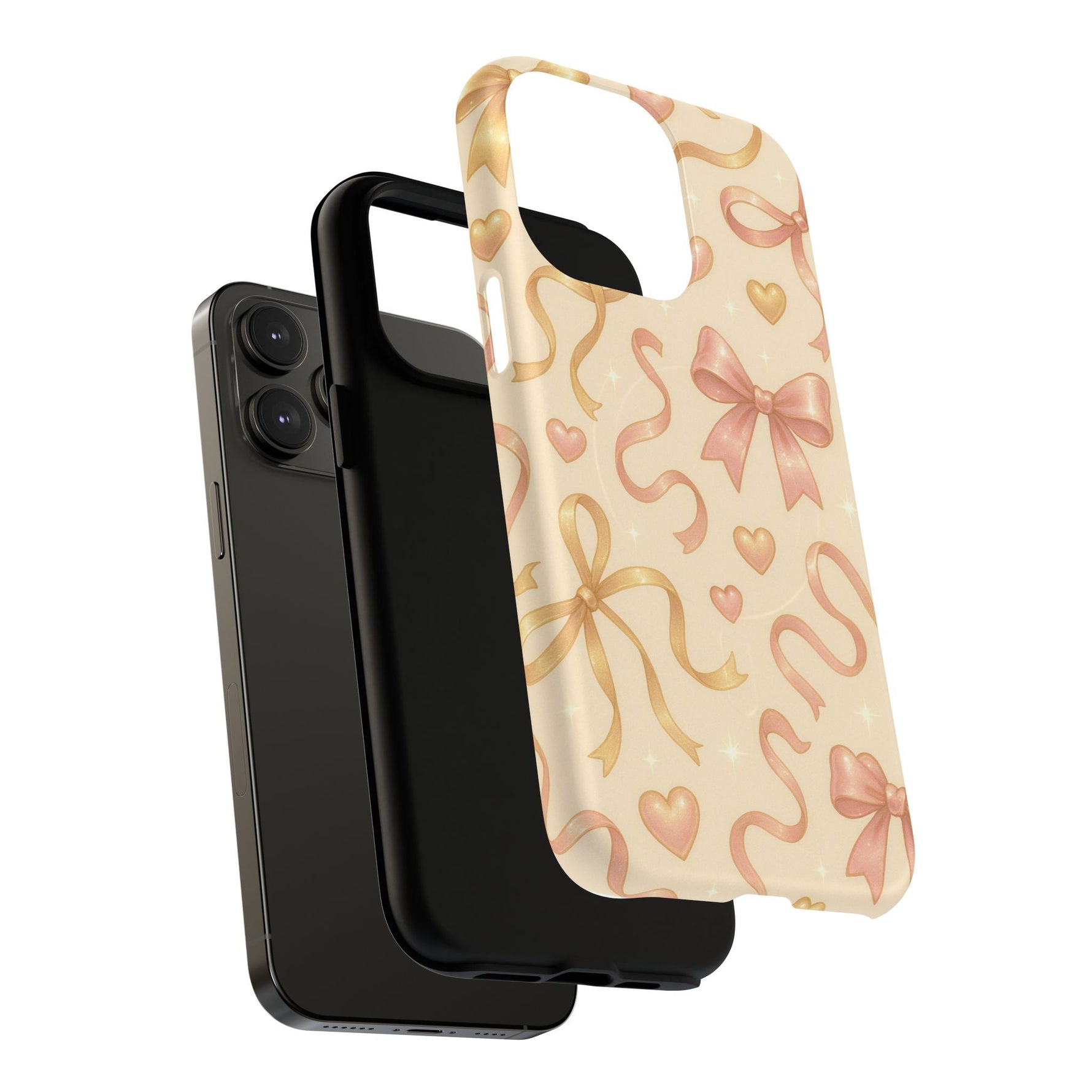 Festive Bow Charm iPhone Case — Pink & Gold Ribbon Hearts with MagSafe  Shamo's