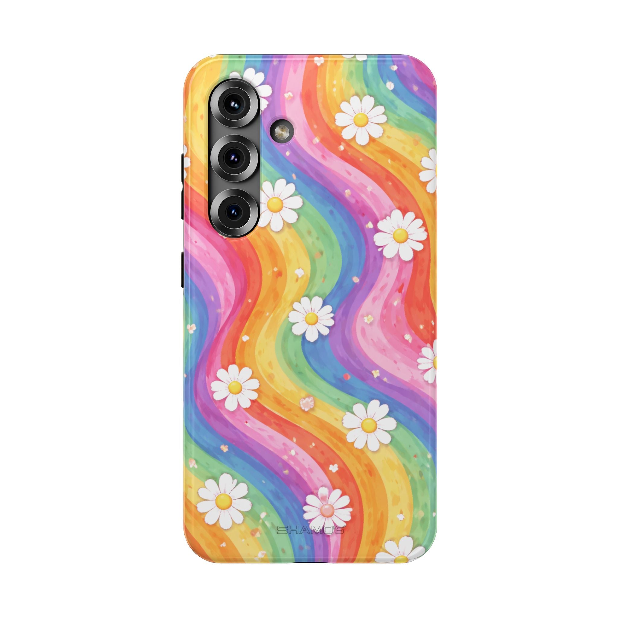 Phone case with flowing rainbow-colored stripes and small white daisies