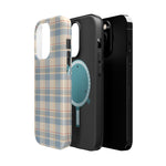 Ranch Check – Blue and Cream Plaid MagSafe Phone Case, glossy square triple-camera Pro model, exploded shell and liner with magnetic ring