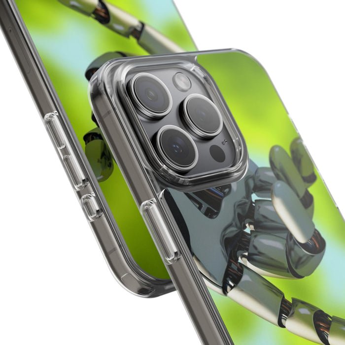 Clear Cases for iPhone 14 Series with Robotic hand and Butterfly.