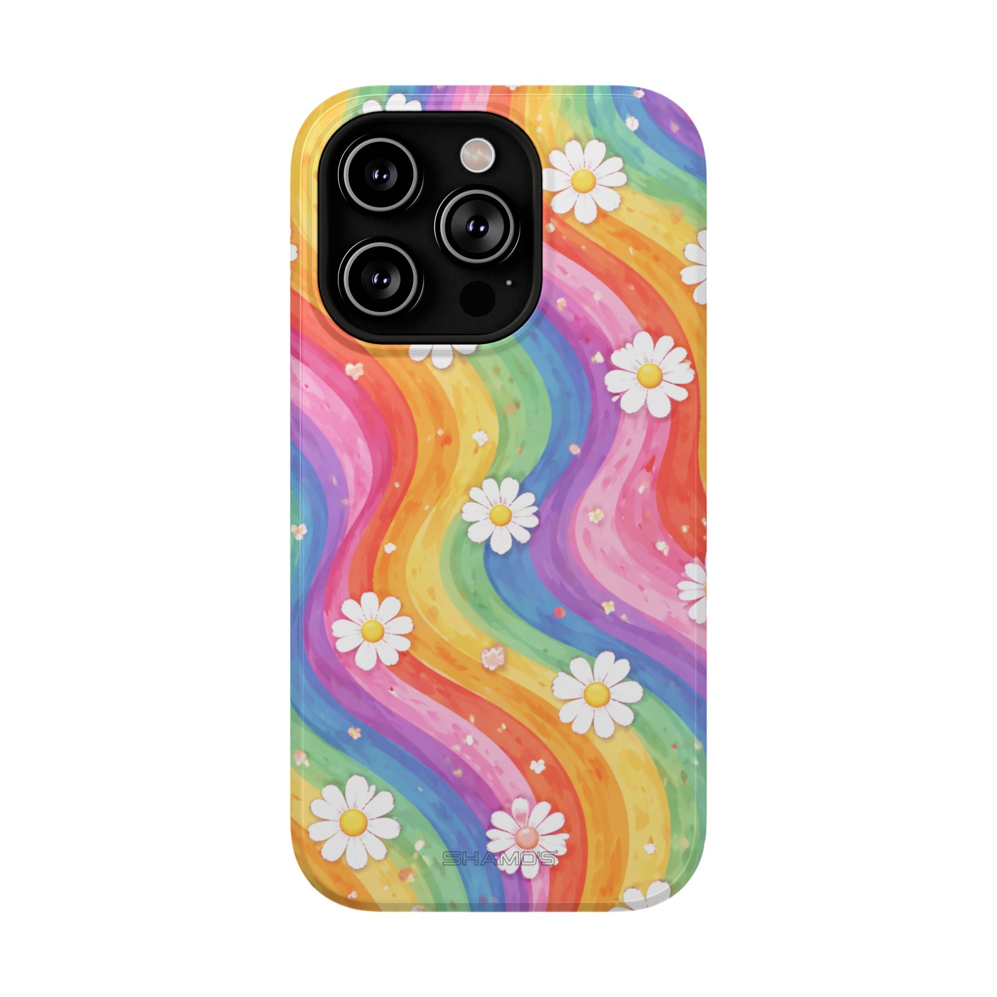 Phone case with flowing rainbow-colored stripes and small white daisies