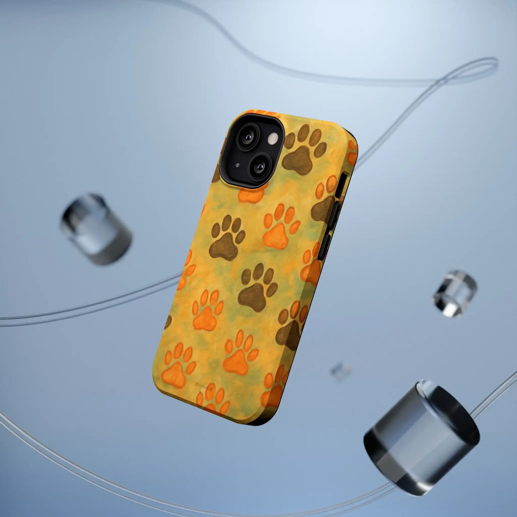 iPhone case with orange and brown paw prints pattern, showing size variant