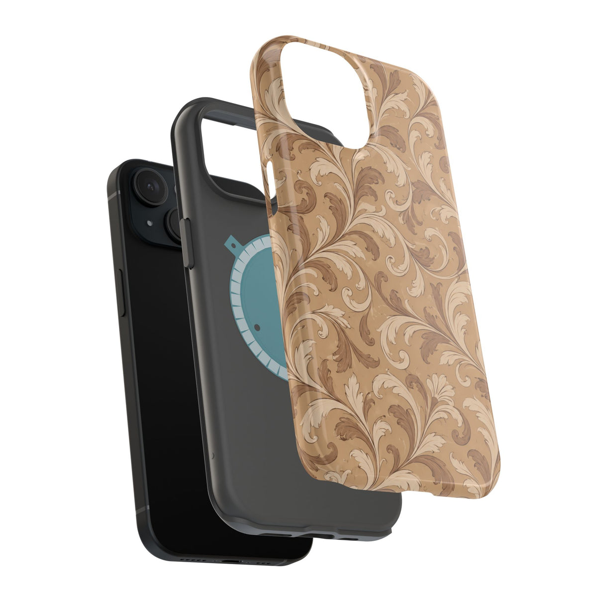 Saddle Scrolls – Tan Western Scrollwork MagSafe Phone Case, glossy diagonal dual-camera model, exploded shell and liner with magnetic ring