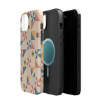 Prairie Quilt – Pastel Patchwork Pattern MagSafe Phone Case, glossy diagonal dual-camera model, exploded shell and liner with magnetic ring