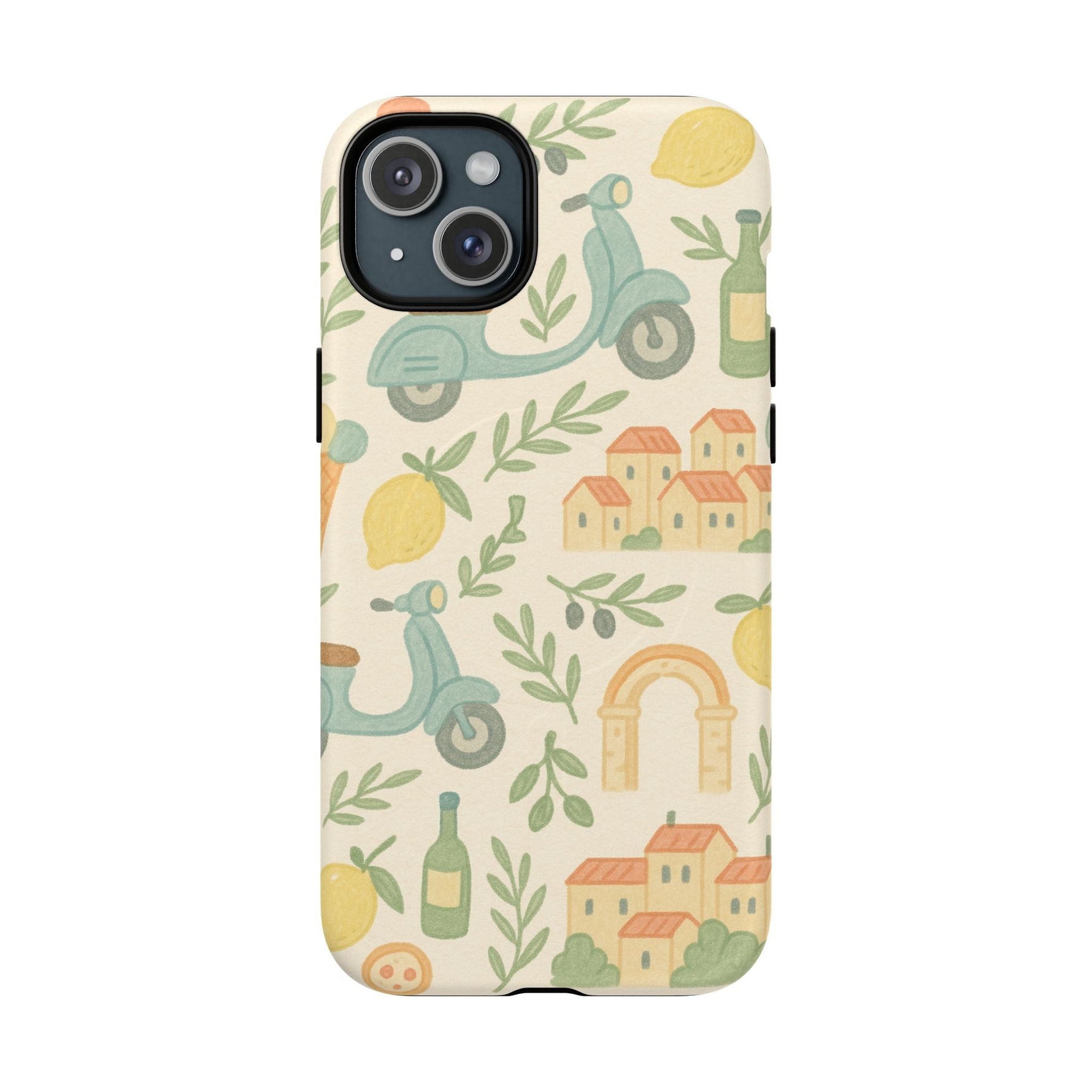 Italian Summer Drawing  iPhone Case — Lemon & Vespa Pattern Tough MagSafe Case  Shamo's iPhone 15 Plus / Matte