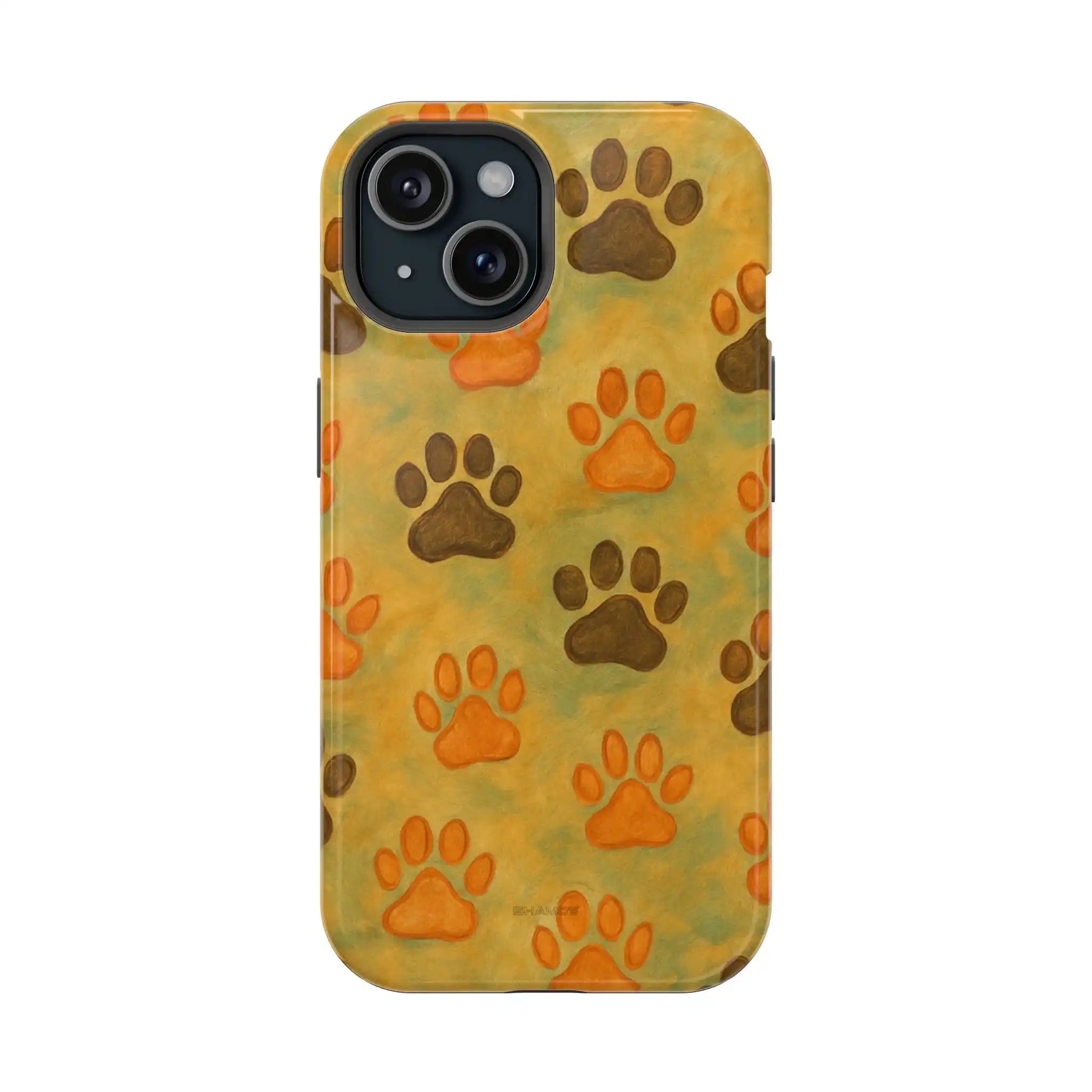 iPhone case with orange and brown paw print pattern on yellow-green background, small size variant