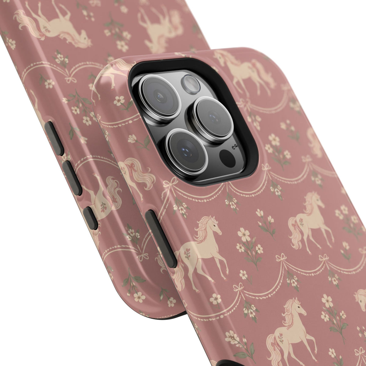 Rose Ponies MagSafe Phone Case, glossy square triple-camera Pro model, camera and side-button close-up