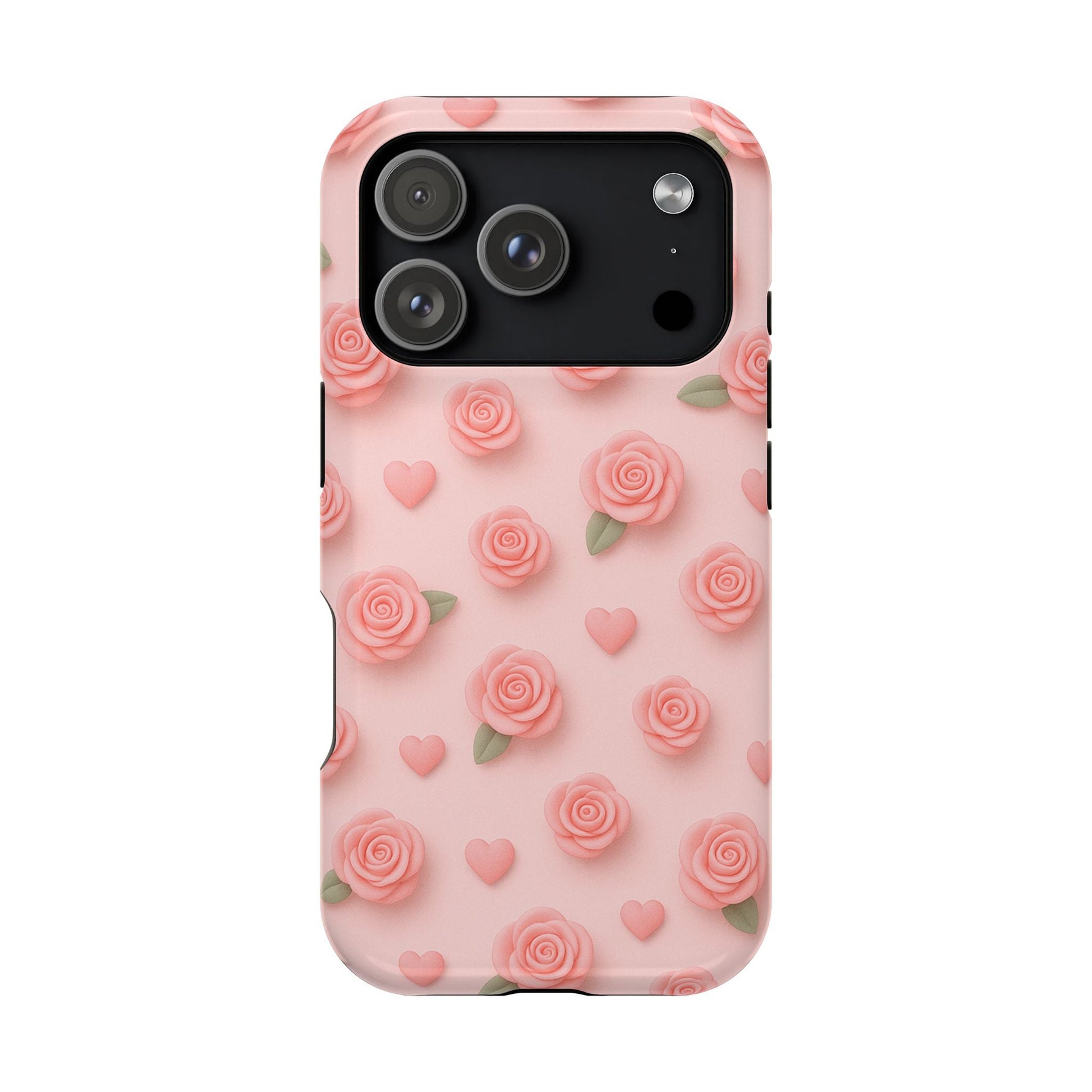 Pink Rose Pattern Impact iPhone Case — Floral Hearts Protective Cover (MagSafe compatible)  Shamo's iPhone 17 Pro / Glossy