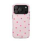 Pink Heart Gingham MagSafe iPhone Case, Impact‑Resistant, Magnetic Protection