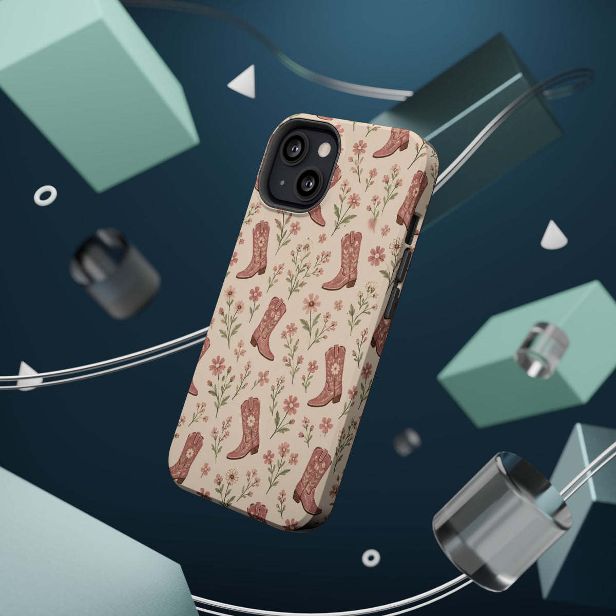 Floral Boots MagSafe Phone Case, glossy diagonal dual-camera model, rear view with magnetic accessories