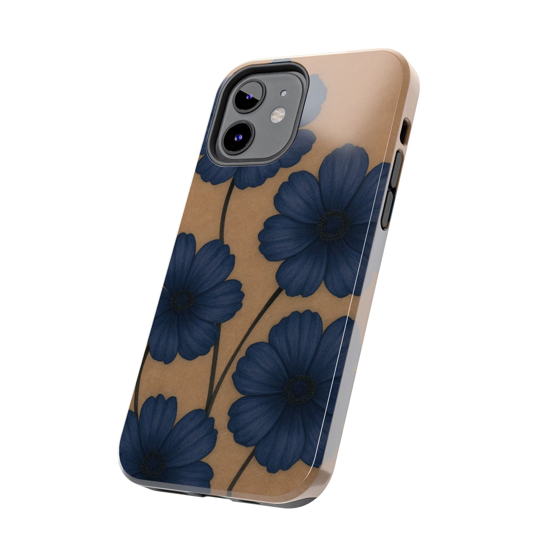 Navy Floral Tough iPhone Case — Durable Protective Case with Blue Flowers on Kraft Background  Shamo's