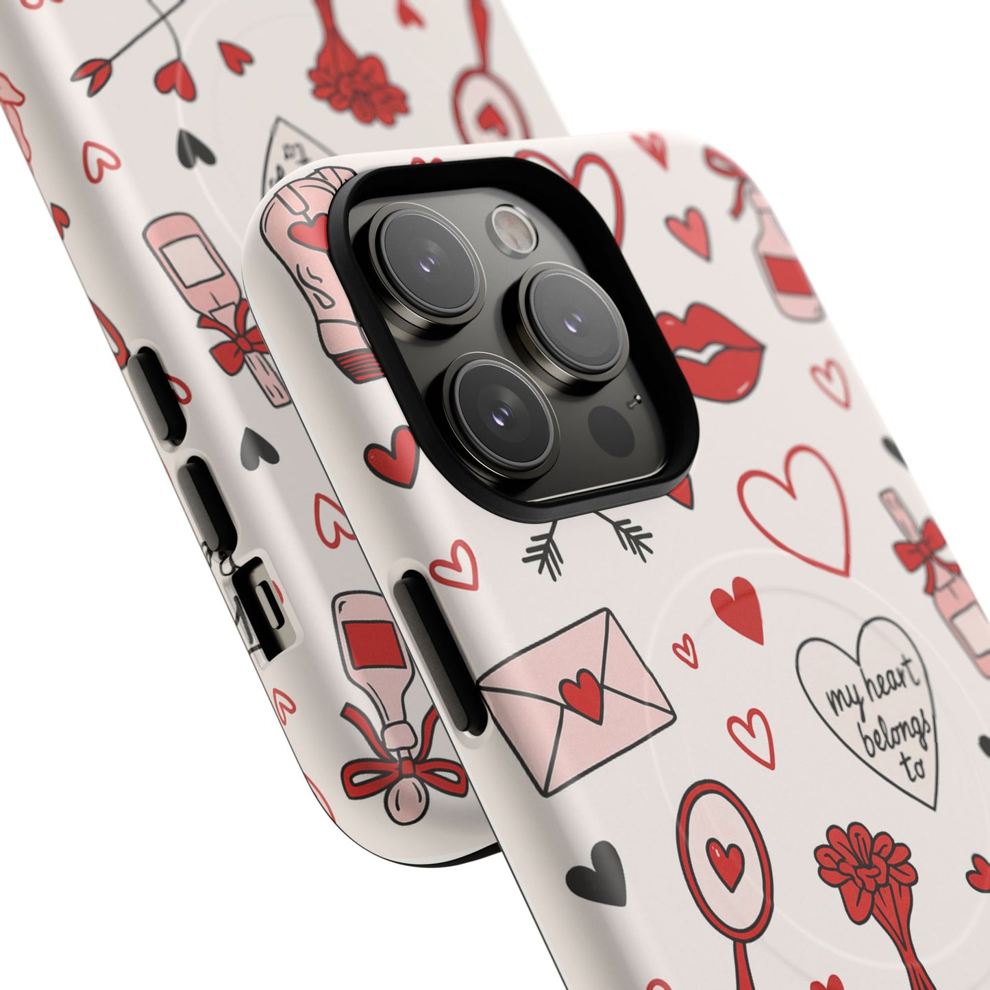 Romantic Love Doodle Tough iPhone Case ("LOVE", hearts, roses) (MagSafe compatible)