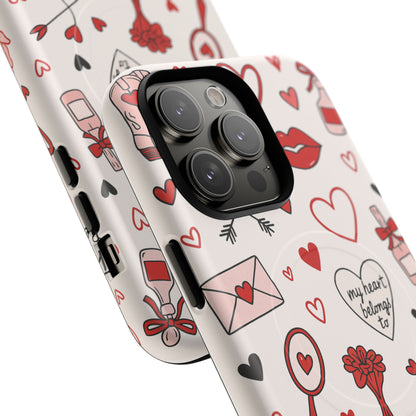 Romantic Love Doodle Tough iPhone Case ("LOVE", hearts, roses) (MagSafe compatible)