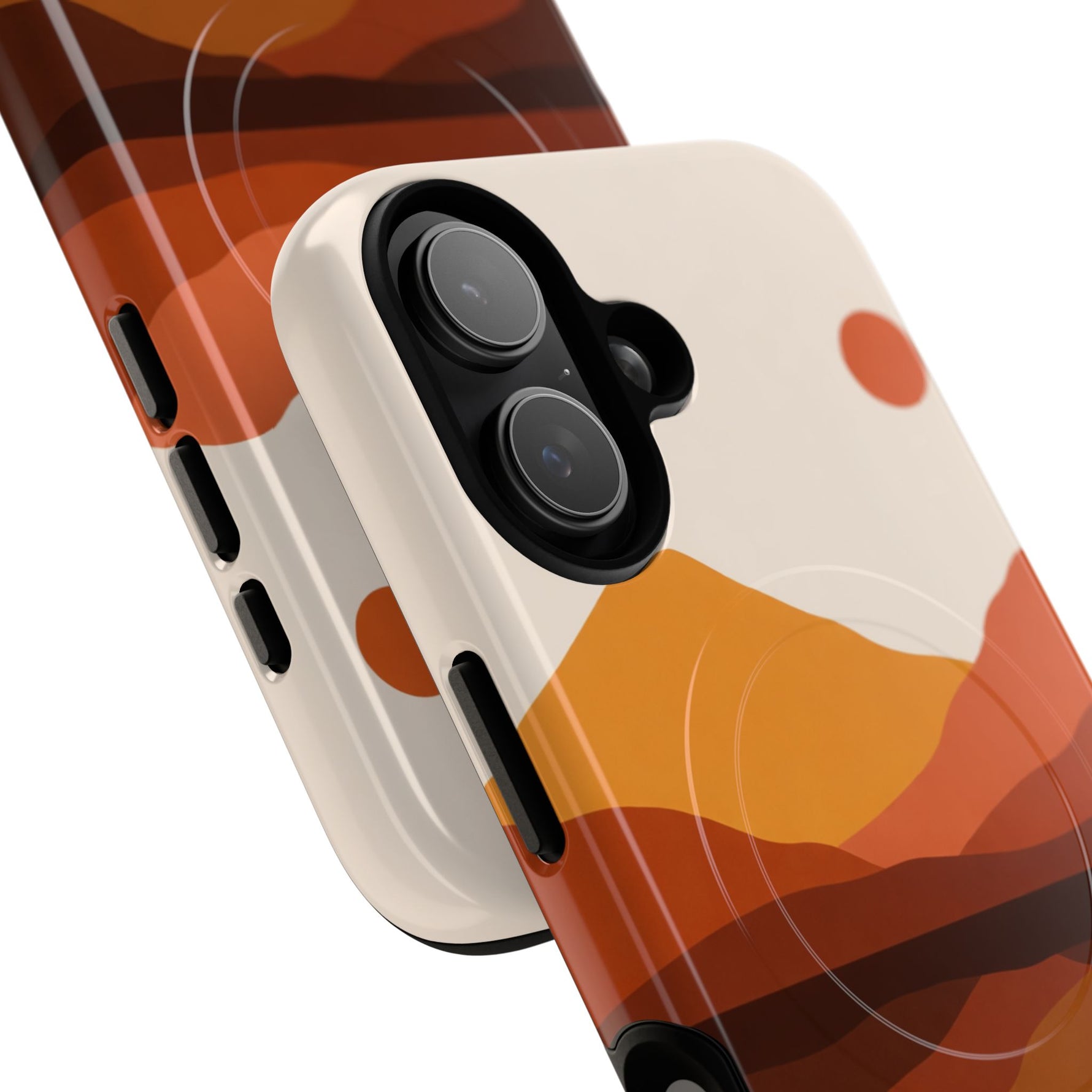 Close-up of smartphone with protective case featuring abstract orange and brown mountain design, showing dual camera variant