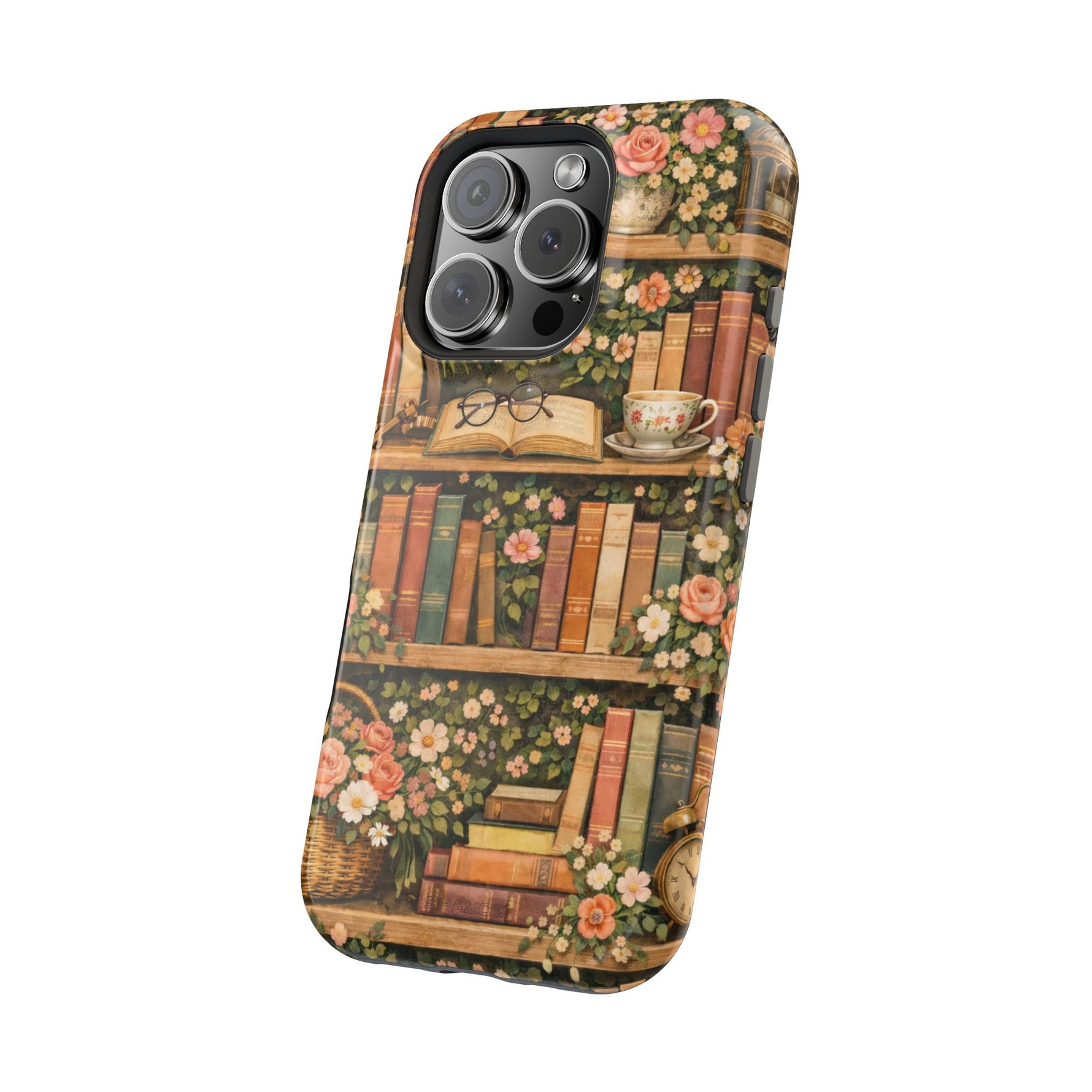 Floral Bookshelf iPhone Case — MagSafe Magnetic, Impact-Resistant