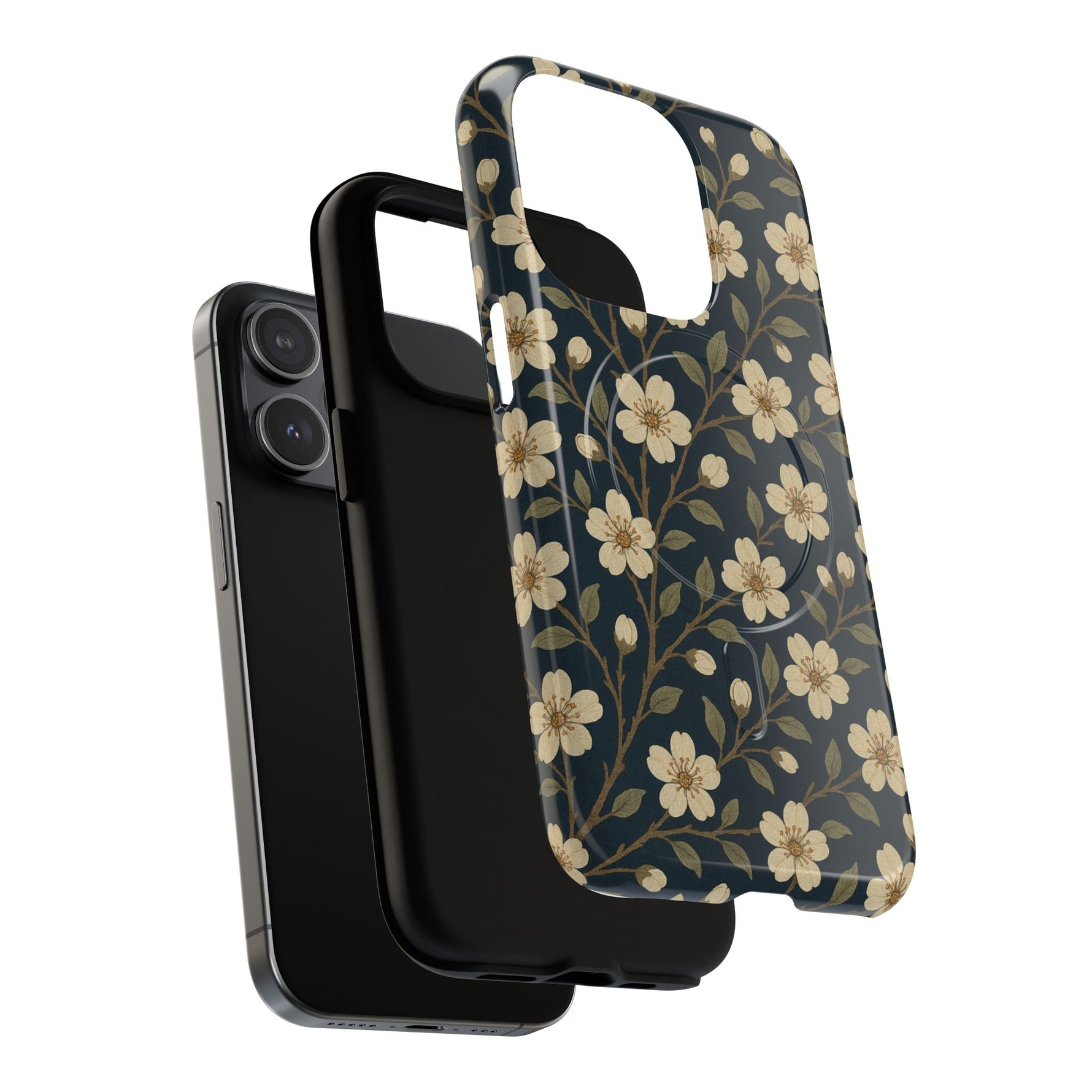 Navy Cherry Blossom Floral iPhone Case - Compatible with MagSafe - Shamo's