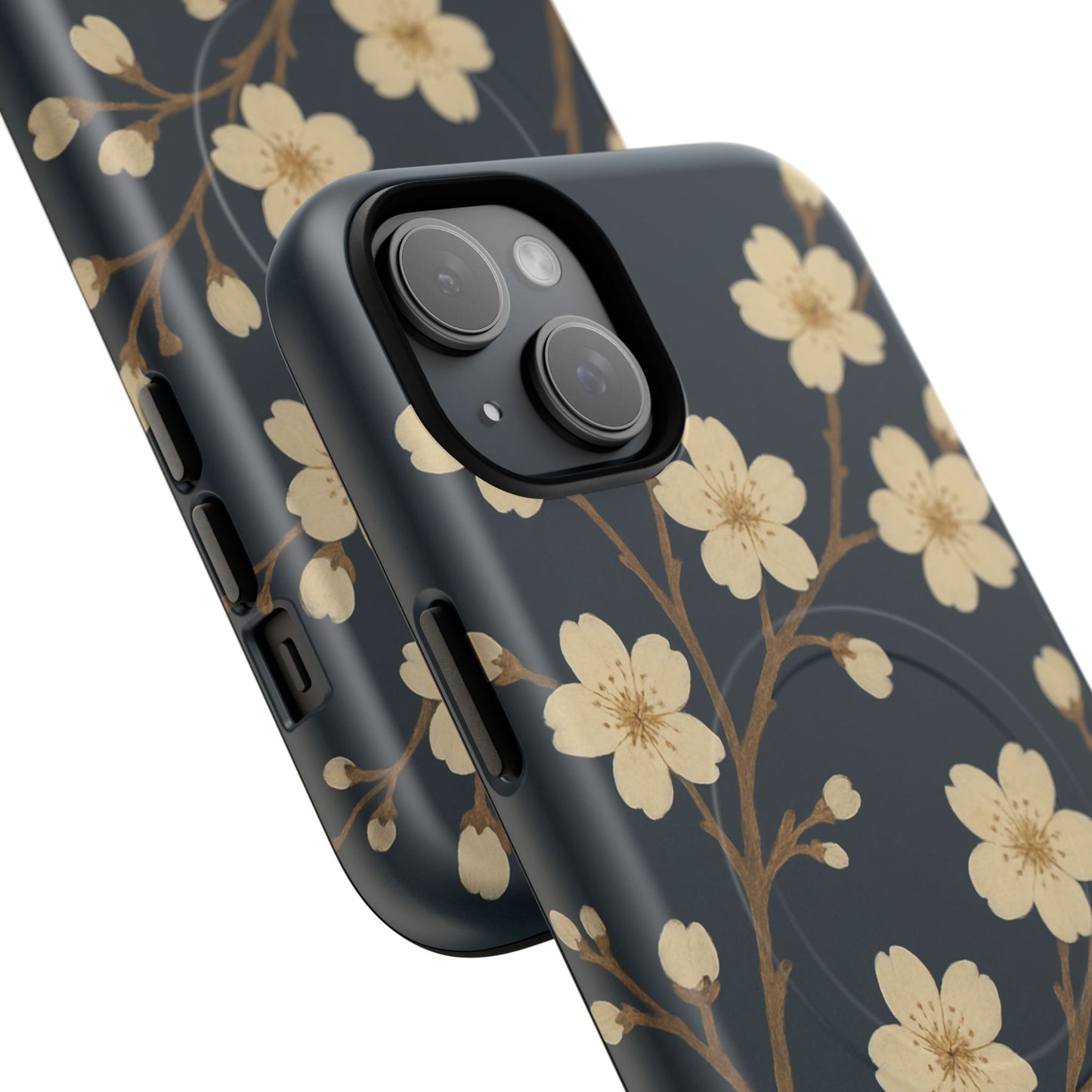 Navy Cherry Blossom Floral iPhone Case - Compatible with MagSafe