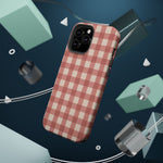 Prairie Gingham MagSafe Phone Case, glossy square triple-camera Pro model, rear view with magnetic accessories