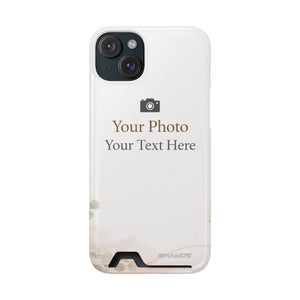 Custom card-holder phone case preview with text reading Your Photo, Your Text Here