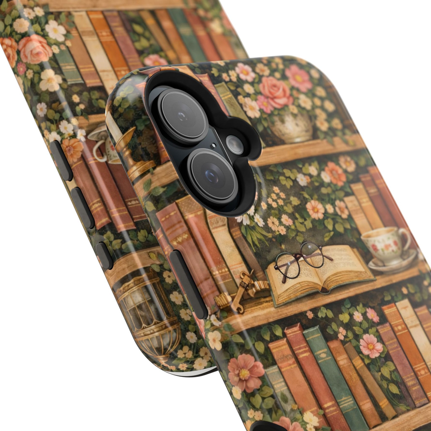 Floral Bookshelf iPhone Case — MagSafe Magnetic, Impact-Resistant