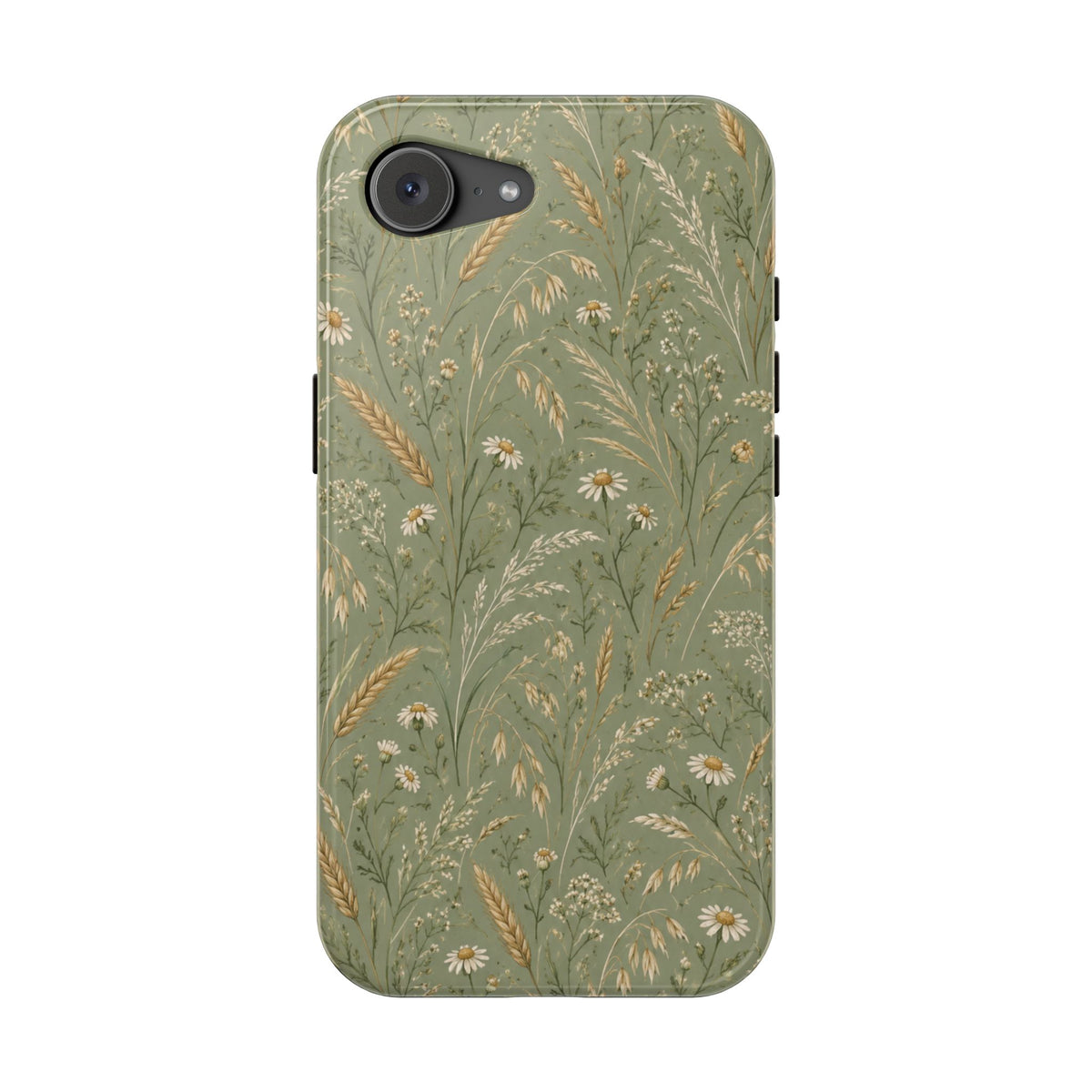 Golden Meadow – Sage Green Wildflower MagSafe Phone Case, glossy iPhone 16e, rear view