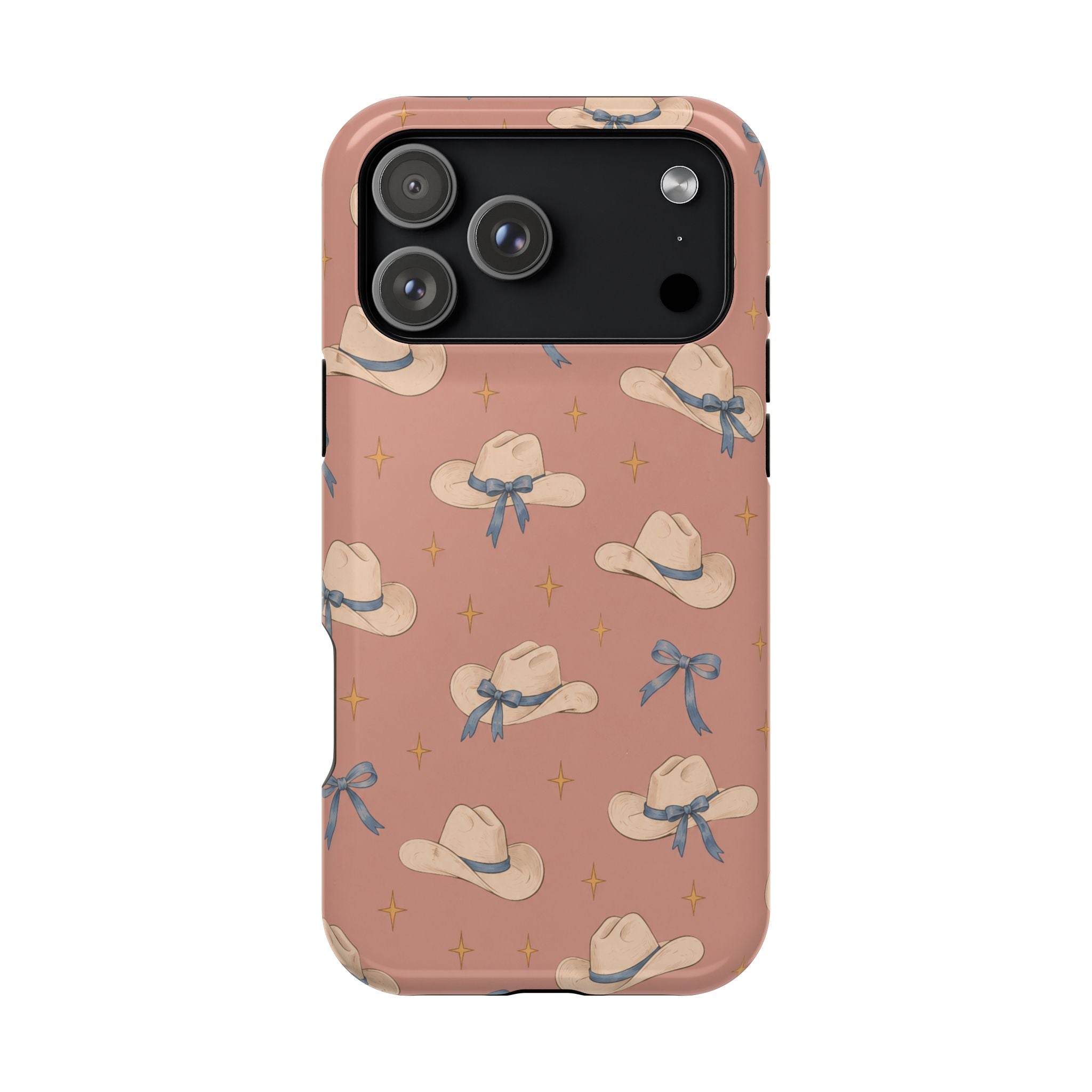 Ribbon Rodeo – Cowgirl Hat and Bow MagSafe Phone Case, Pink, glossy iPhone 18 Pro Max, rear view
