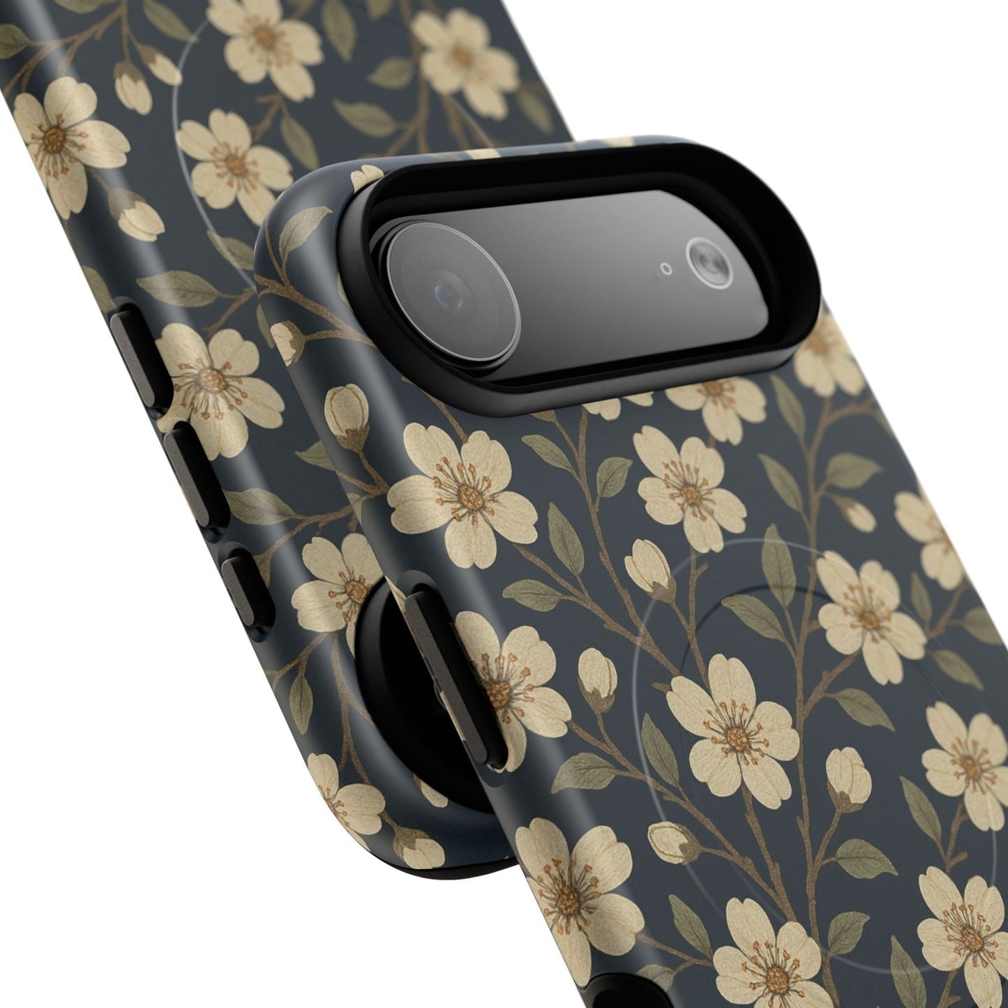 Navy Cherry Blossom Floral iPhone Case - Compatible with MagSafe