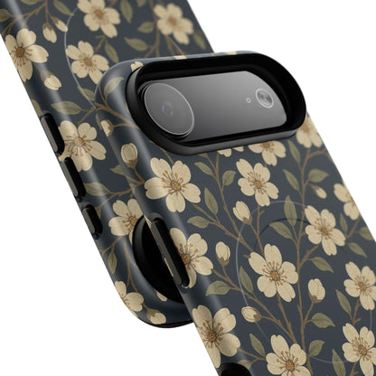 Navy Cherry Blossom Floral iPhone Case - Compatible with MagSafe