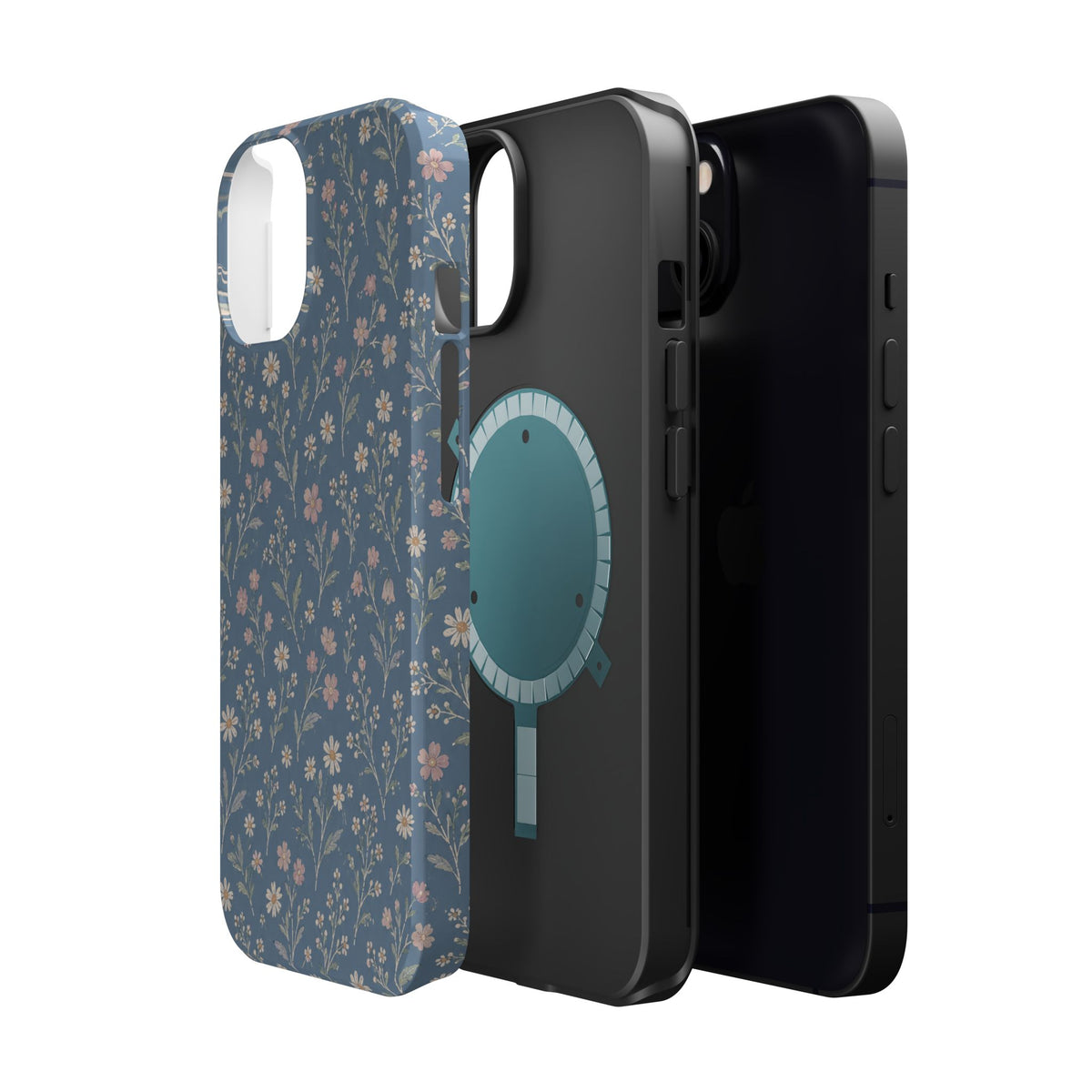 Denim Wildflowers MagSafe Phone Case, glossy diagonal dual-camera model, exploded shell and liner with magnetic ring