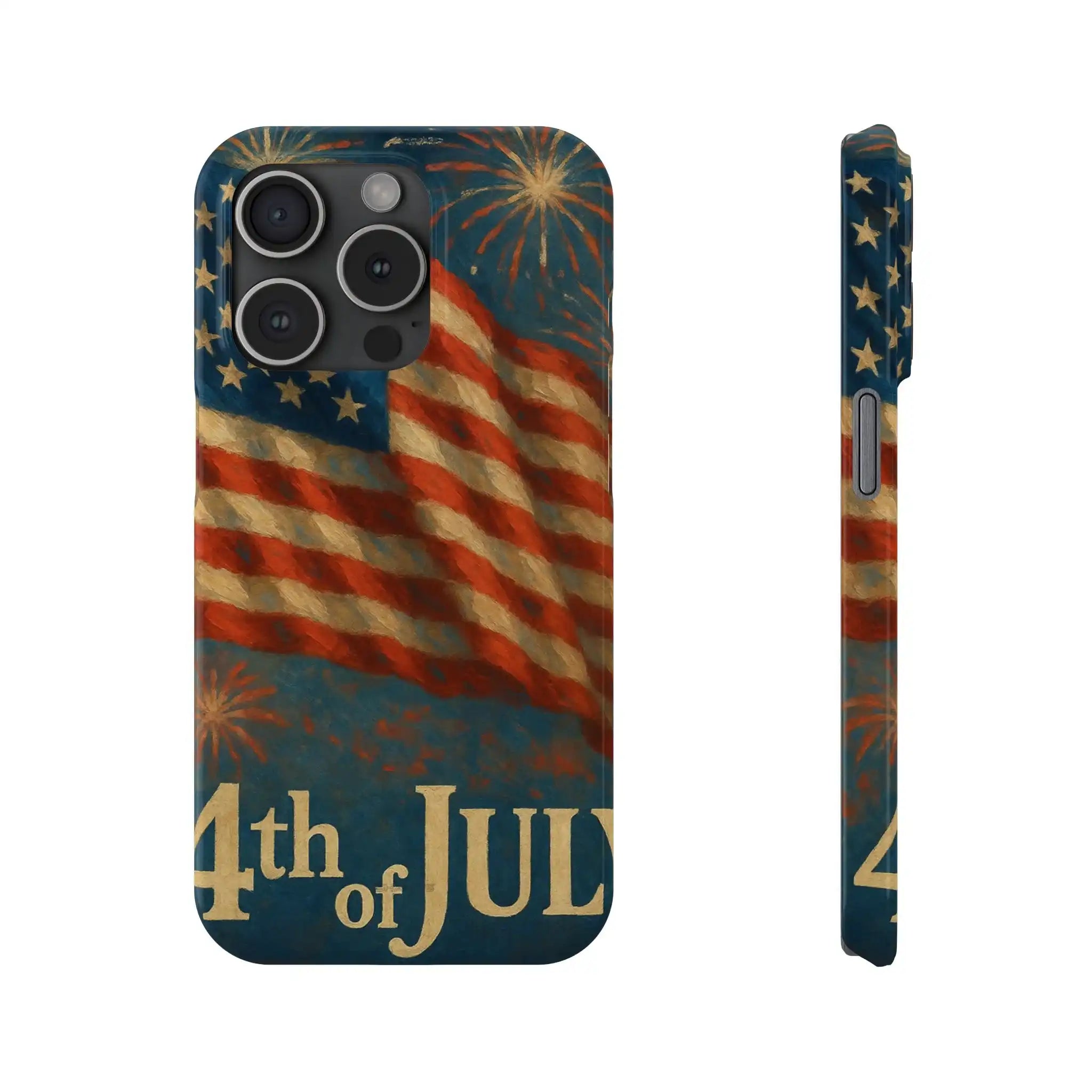 4th of July phone case with American flag and fireworks design, shown in front and side views