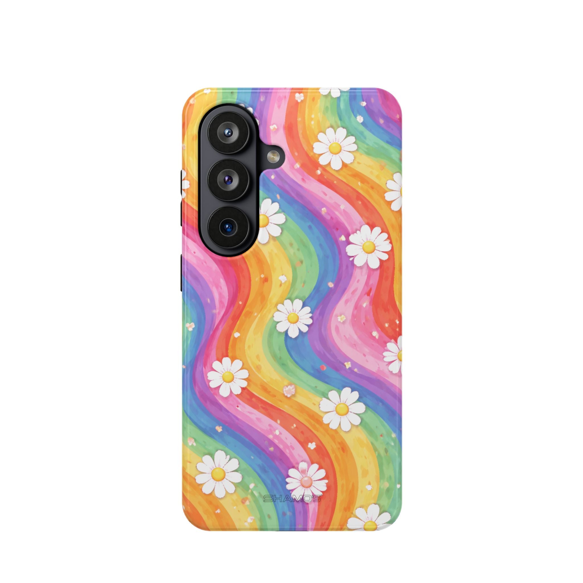 Phone case with flowing rainbow-colored stripes and small white daisies