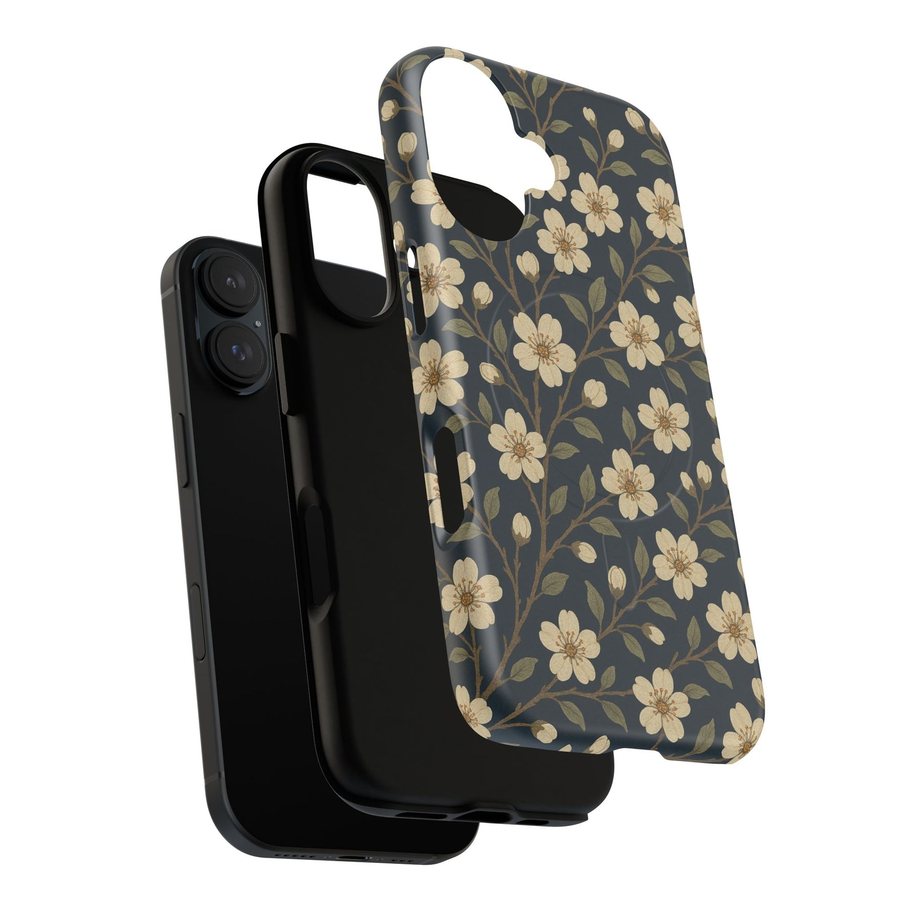 Navy Cherry Blossom Floral iPhone Case - Compatible with MagSafe - Shamo's