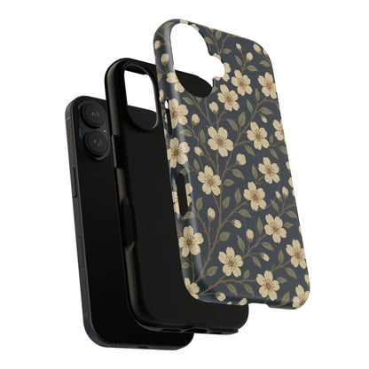 Navy Cherry Blossom Floral iPhone Case - Compatible with MagSafe